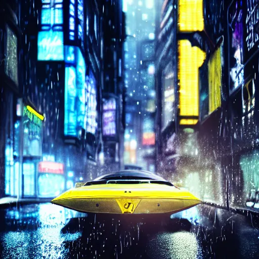 Image similar to highly detailed photorealistic batman in rain, cyberpunk city street, blue and yellow neon lights, highly detailed reflection, studio quality 8k ultra high definition render, trending on ArtStation, concept