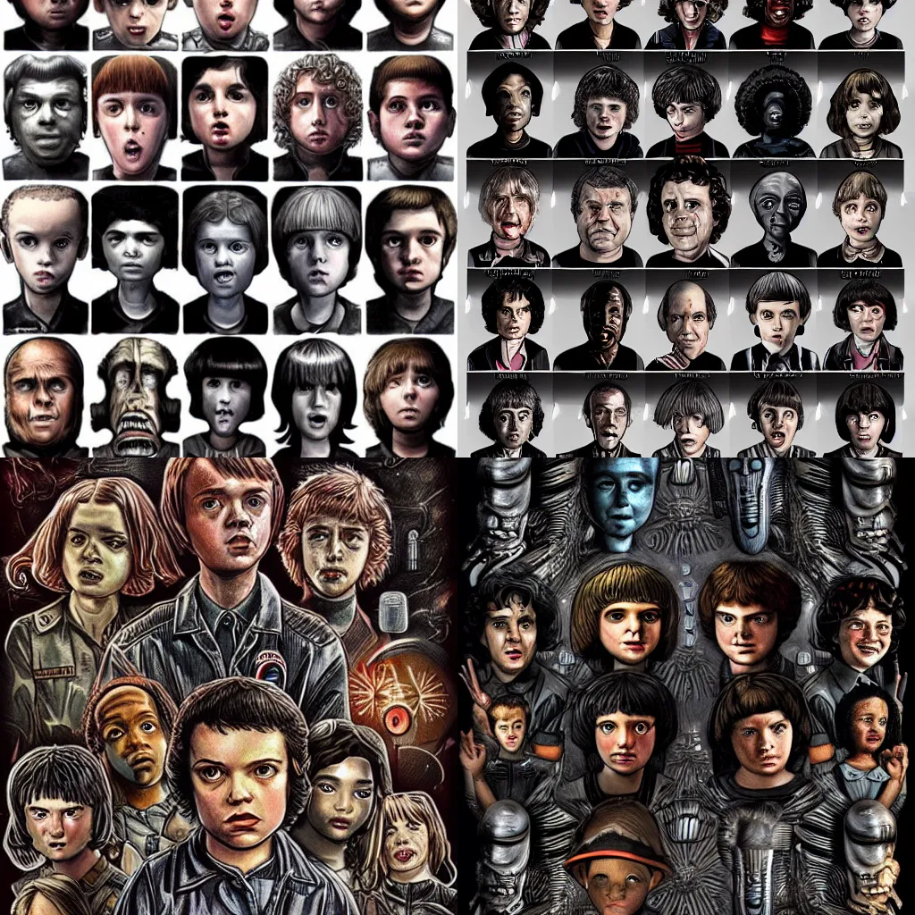 Prompt: All stranger things characters in Hans Ruedi Giger style