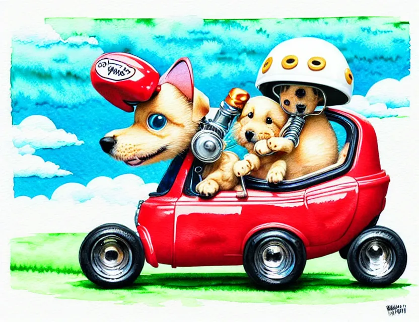 Image similar to cute and funny, puppy wearing a helmet riding in a tiny hot rod with an oversized engine, ratfink style by ed roth, centered award winning watercolor pen illustration, isometric illustration by chihiro iwasaki, edited by range murata, tiny details by artgerm and watercolor girl, symmetrically isometrically centered, sharply focused