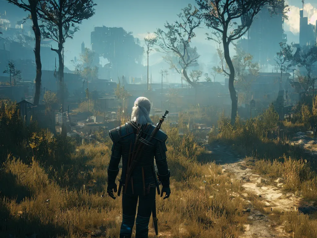 Prompt: beautiful the witcher 5 mod adds cyberpunk 2 0 7 7 environments, sunbeams, volumetric fog, atmospheric scattering, water caustics and physics, unreal engine 5, filmic bloom, rtx mod, ultra high extreme settings, realism mod, realistic light propagation, amazing landscape