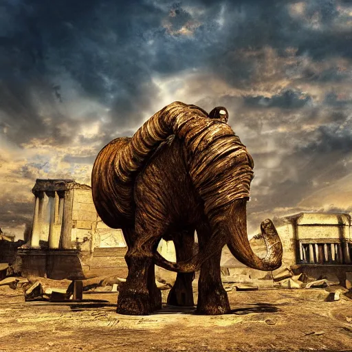 Image similar to golden mammoth in a ruined city, photorealistic, realistic, dramatic, cinematic, photography