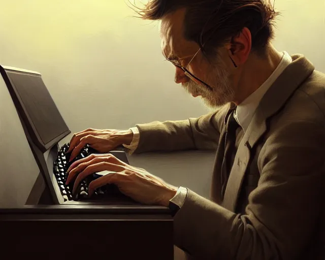 Prompt: portrait of a man typing on a computer, surrealism, detailed surroundings, artstation, detailed facial expression, centered, intricate, sharp focus, highly detailed, concept art, smooth, illustration, digital painting, elegant, intense emotion, by greg rutkowski, wlop
