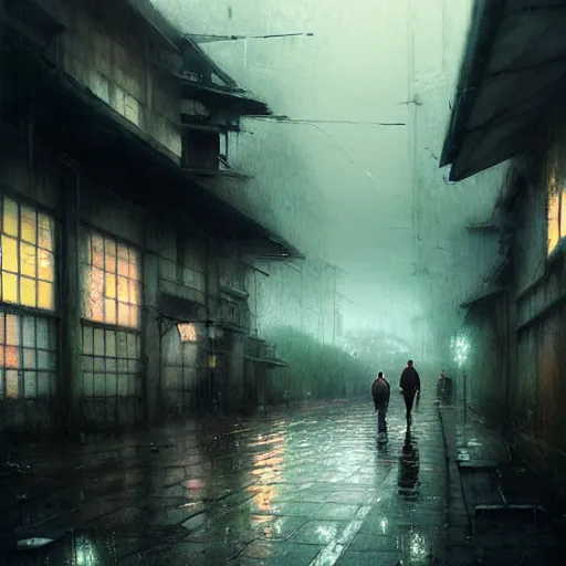 Image similar to walking around dilapidated ikeshima island, nagasaki, japan. volumetric lighting, rain, spring night, dark overcast weather, realistic illustration, perfectly shaded, soft painting, art by krenz cushart and wenjun lin