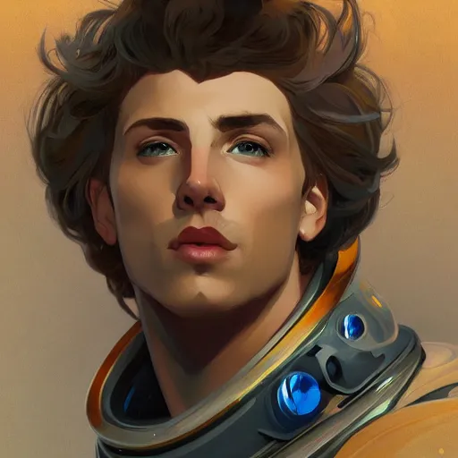 Prompt: portrait of a male space explorer, D&D, fantasy, elegant, hopeful, cosmic, muscular, highly detailed, digital painting, artstation, concept art, smooth, sharp focus, illustration, art by alphonse mucha