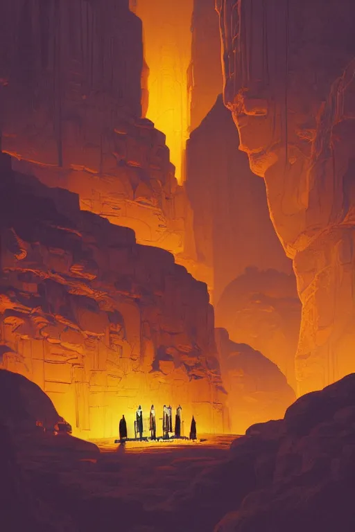 Image similar to ancient temple carved into canyon walls, monks standing around golden statue glowing yellow, light streaks in the sky, eclipse, dramatic lighting, artstation, matte painting, ralph mcquarrie, simon stalenhag