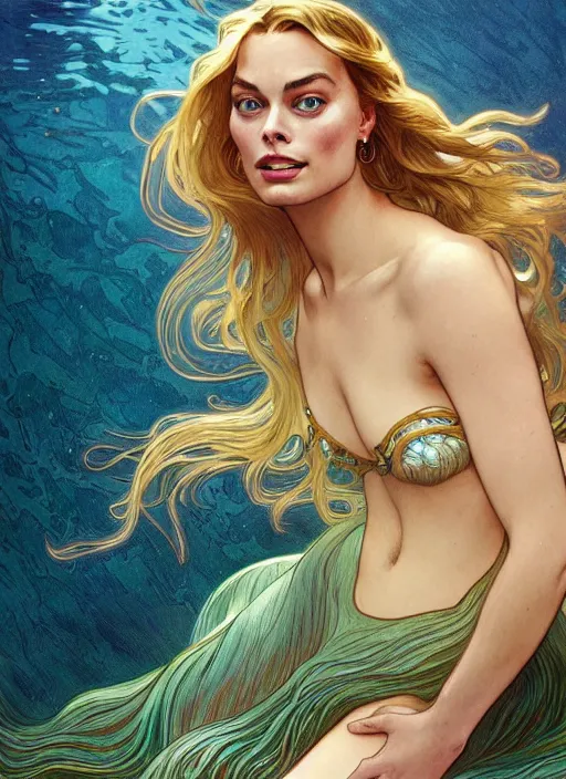 Prompt: Margot Robbie as mermaid underwater, full body shot, cute, fantasy, intricate, elegant, highly detailed, digital painting, 4k, HDR, concept art, smooth, sharp focus, illustration, art by alphonse mucha,artgerm, H R Giger