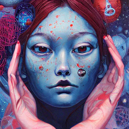 Image similar to james jean oil painting of a girl lost in space