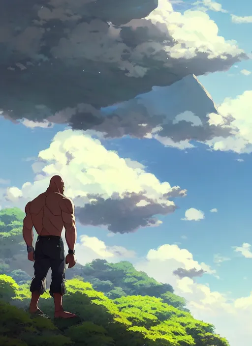 Image similar to portrait of dwayne rock johnson, cloudy sky background lush landscape illustration concept art anime key visual trending pixiv fanbox by wlop and greg rutkowski and makoto shinkai and studio ghibli