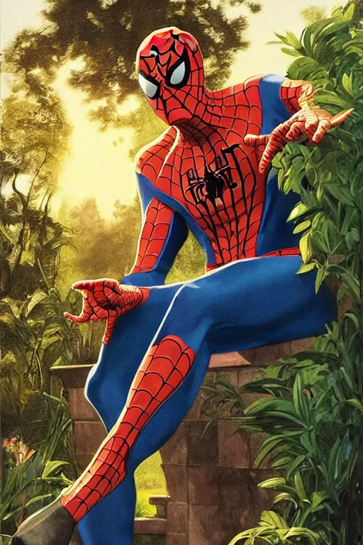 Prompt: Spider man sitting down Next to a pool, golden hour, in a garden, artstation, by J. C. Leyendecker and Peter Paul Rubens