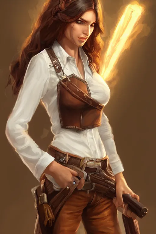 Image similar to full body, female cowgirl, perfect face, white blouse, long rifle, 8 k, magic the gathering, desert, d & d, artstation