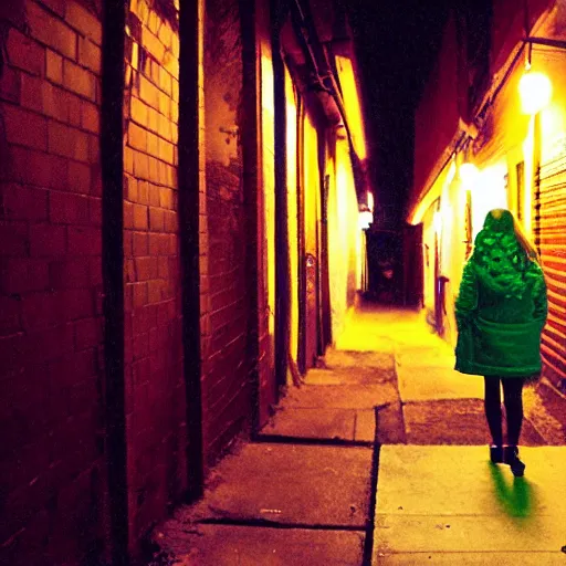 Image similar to a creepy cell phone camera picture of an alleyway in west philadelphia at night, with a college - aged woman in the distance. girl in the photo wearing a pine green jacket. directed by david lynch