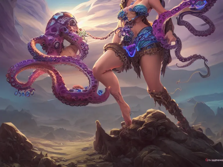 Image similar to portrait of sorceress wearing an octopus bikini, full body shot, rule of thirds, action pose, amazing beautiful landscape in background, fantasy, league of legends hearthstone splash art, art by artgerm and greg rutkowski and chengwei pan and huang guangjian and viktoria gavrilenko, 8 k, intricately detailed, highly detailed, trending on artstation