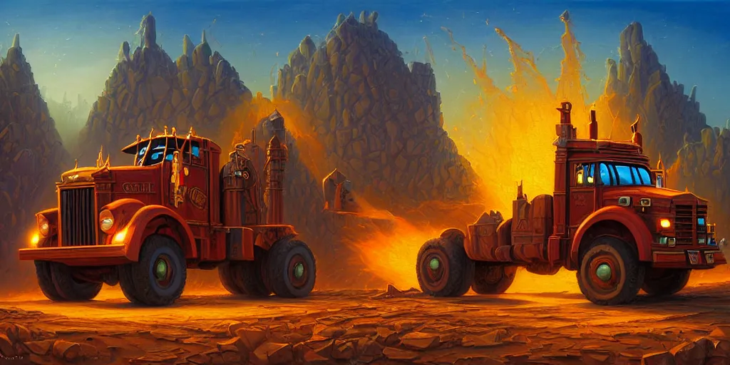 Prompt: classic oil painting, a dump truck super hero entering a portal to a magical place, as a dnd character, magical construction site setting, cottagecore, highly detailed, digital illustration, concept art, smooth, sharp focus, art by greg hildebrandt, and tim hildebrandt