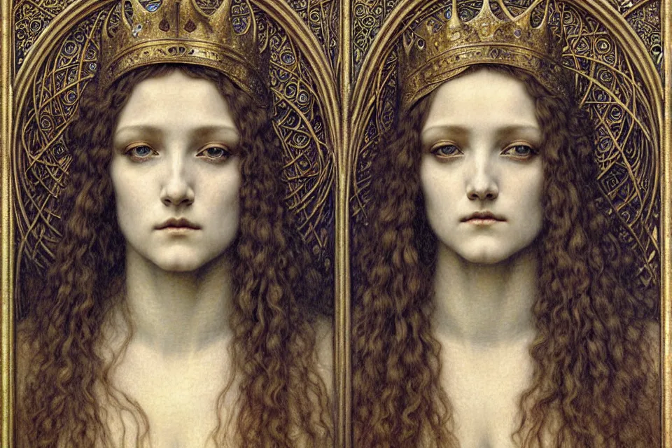 Image similar to detailed realistic beautiful young medieval queen face portrait by jean delville, gustave dore and marco mazzoni, art nouveau, symbolist, visionary, gothic, pre - raphaelite. horizontal symmetry