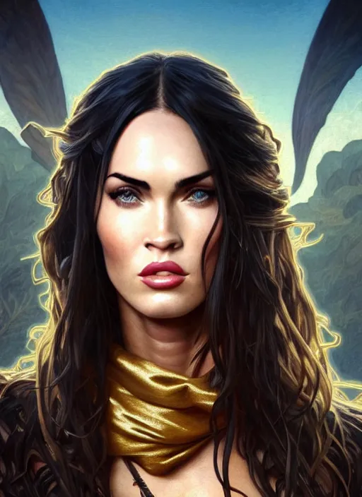 Image similar to portrait of megan fox as pirate, scarf, eyepad, gold, sails, pirates if the caribbean, intricate, headshot, highly detailed, digital painting, artstation, concept art, sharp focus, cinematic lighting, illustration, art by artgerm and greg rutkowski, alphonse mucha, cgsociety