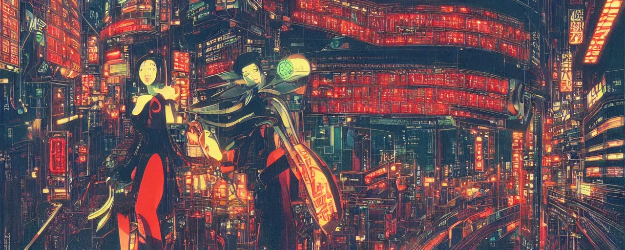 Prompt: beautiful woman robot like metropolis, at night in the center of a futuristic sci-fi asian city, signboards, neon lights, blade runned color palette, by Yasunari Ikenaga, Yamato, Macross