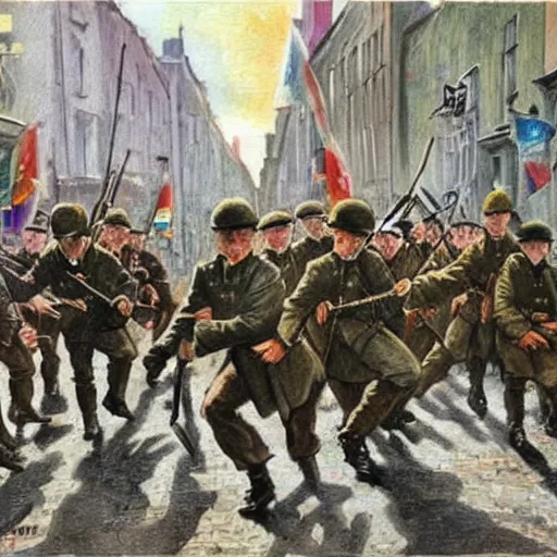 Prompt: beautiful painting of the Irish 1916 Easter rebellion, soldiers are fighting in the streets of Dublin