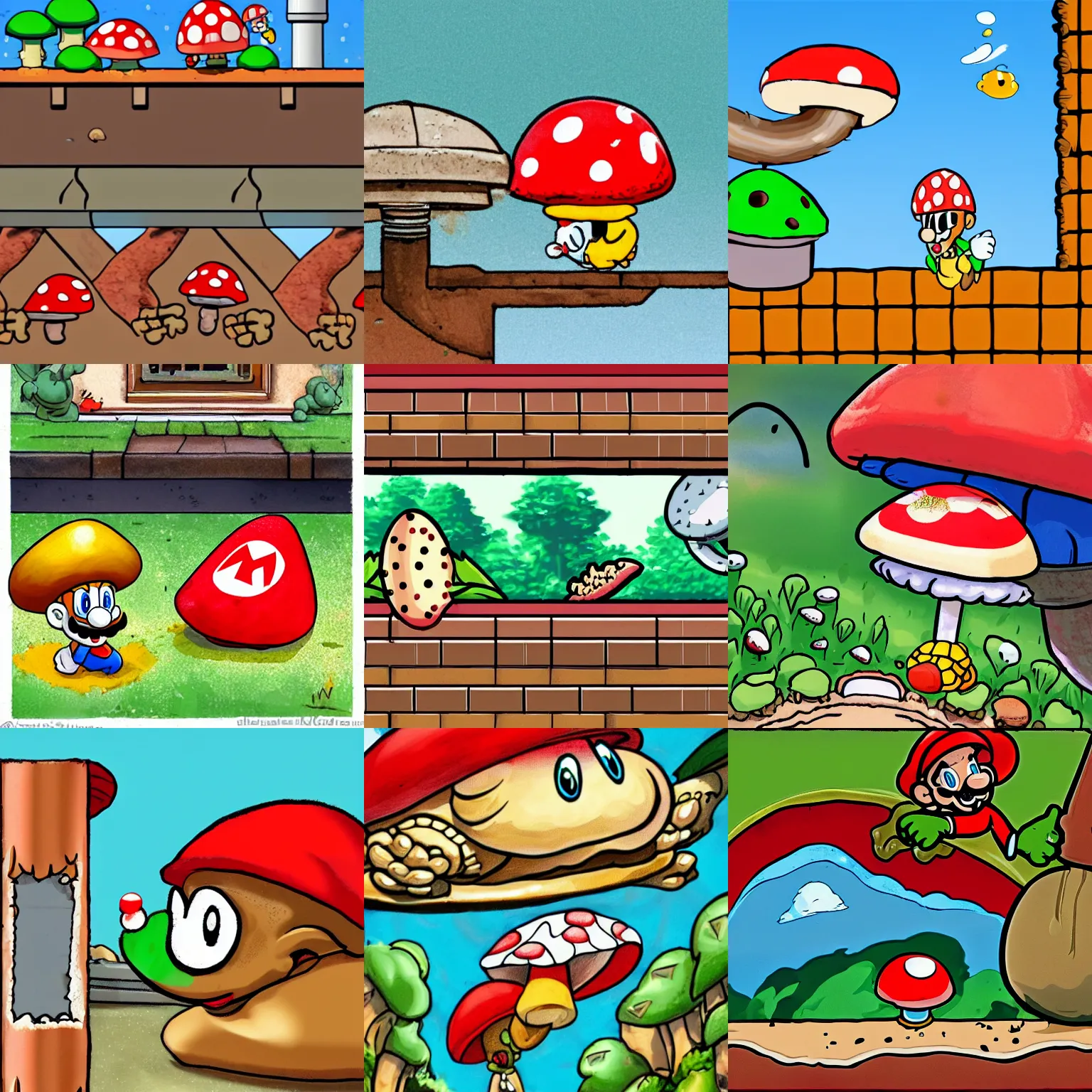 Prompt: drunk mario eats a big fly agaric against the background of drainpipes from under the ground, cartoon turtles