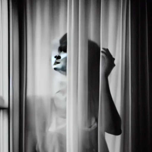 Image similar to black and white fashion photograph portrait of a depressed beautiful 35 years old model woman standing by the window, natural light, lomo, fashion photography, film grain, soft vignette, sigma 85mm f/1.4 1/10 sec shutter