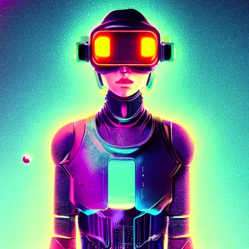 Image similar to cyberpunk concept cool girl cyborg bot, cinema 4 d, galaxy, ufo, space sci - fi, wearing vr goggles, illustration, portrait, pastel neon textured background night, trending on artstation, greg rutkowski, octane rendered, 1 2 k, detailed,