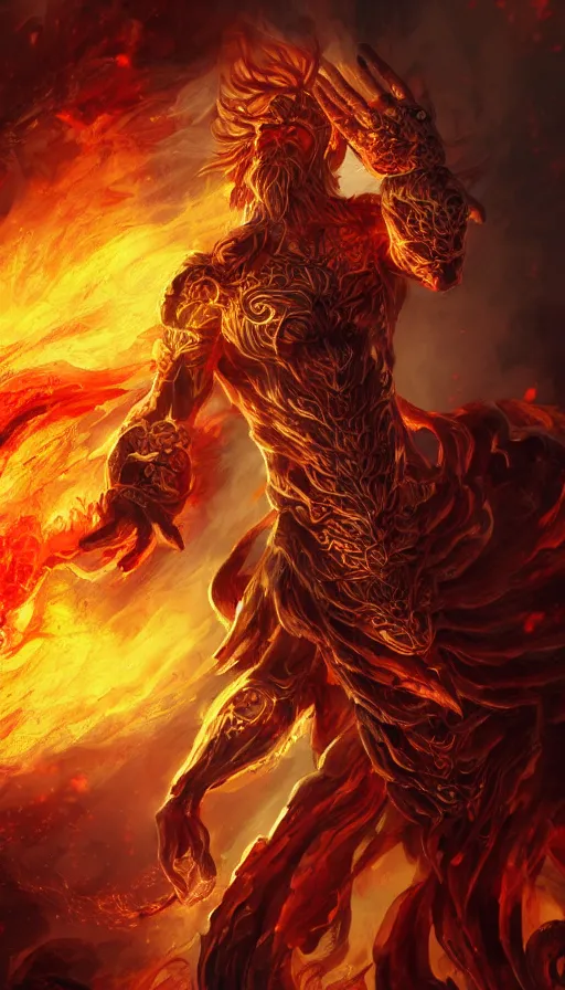 Image similar to fire elemental, man figure, flat background, man body, full body, intricate, beautiful, pathfinder, path of exile, league of legends, epic painting, paint texture, uplight, 8k, highly detailed, illustration