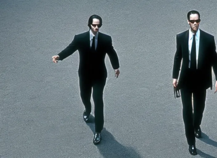 Image similar to film still of keanu reeves as agent smith in the new matrix movie, 4 k