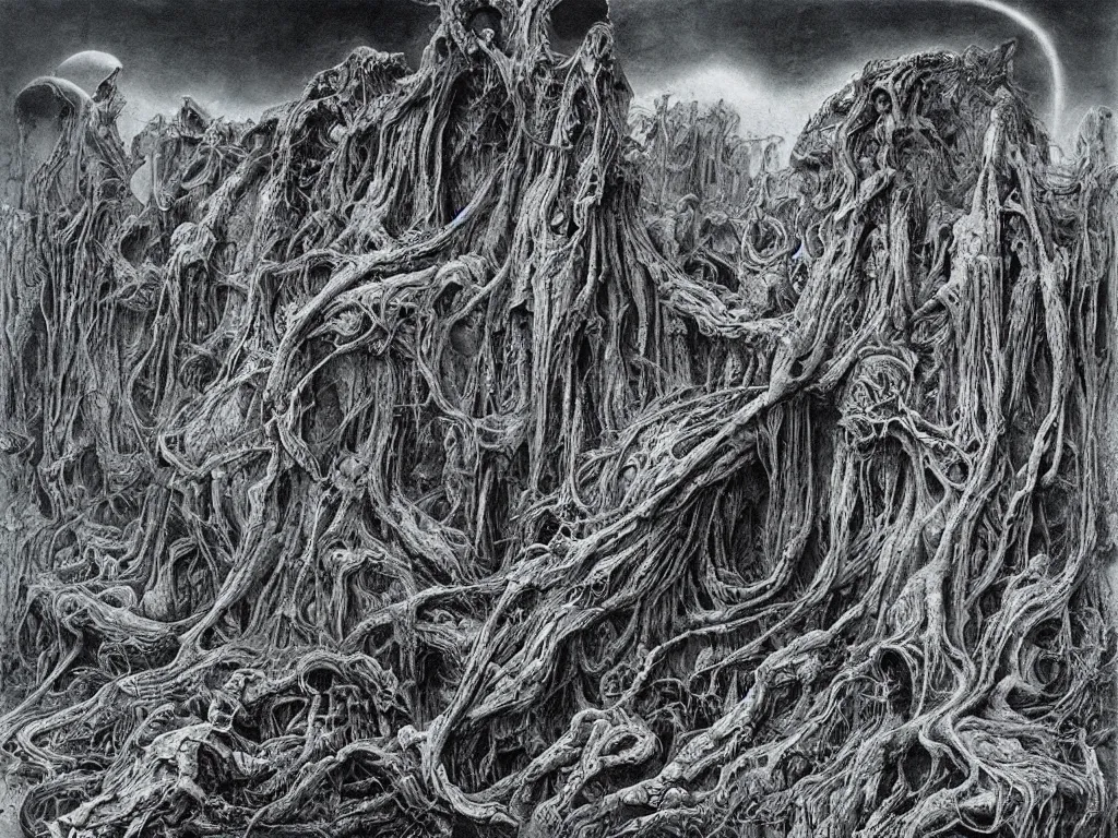 Prompt: landscape by H.R. Giger, Zdzislaw Beksinski, Todd McFarlane