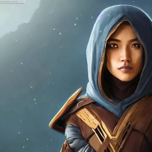 Prompt: a brown skinned asian woman in destiny hunter armor, wearing a hooded cloak, beautiful face!!!!, blue eyes, brown hair in a bob, 2 7 years old, cg animation, realistic, character select portrait, by artgerm, greg rutkowski, alphonse mucha, 3 d