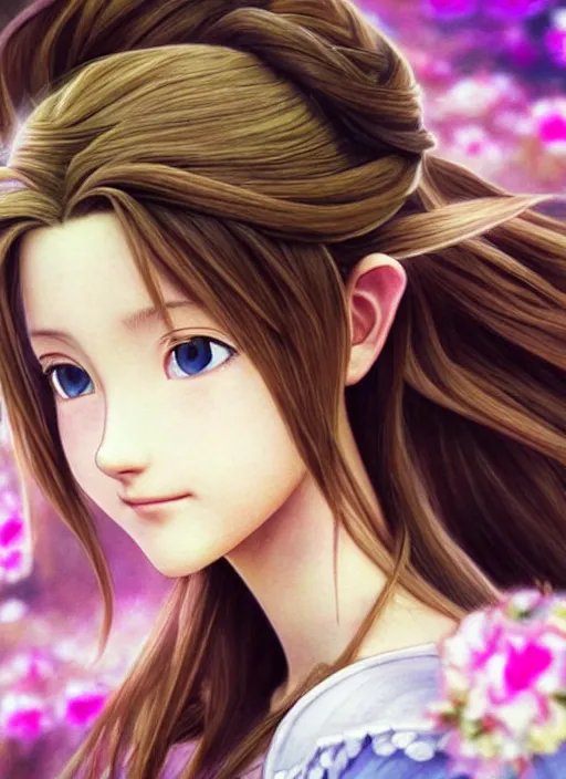 Prompt: Aerith Gainsborough stares intently up towards the viewer, seen from a downward angle. ultra detailed painting at 16K resolution and epic visuals. epically surreally beautiful image. amazing effect, image looks crazily crisp as far as it's visual fidelity goes, absolutely outstanding. vivid clarity. ultra. iridescent. mind-breaking. mega-beautiful pencil shadowing. beautiful face. Ultra High Definition. processed twice. polished marble.