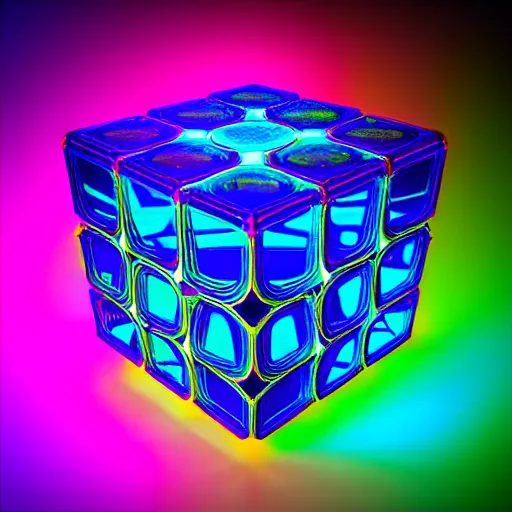 Image similar to a steampunk cube inside a hypercube consisting of fractals shiny luminescence neocube nanostructure neon colorful detalized lines, background mirror lake in magical colorful fog, octane render, hyper realistic, ultra realistic