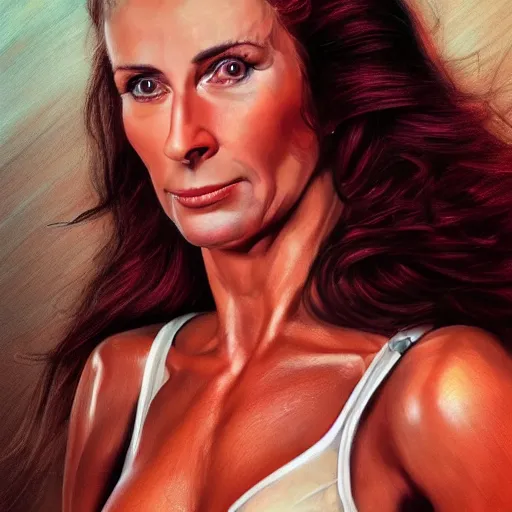 Image similar to hyperrealist portrait of diane youdale, jet from gladiators as lady godiva, fantasy art, photo realistic, dynamic lighting, artstation, poster, volumetric lighting, very detailed faces, 4 k, award winning