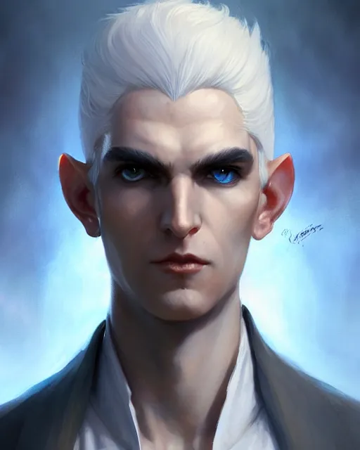 Image similar to character portrait of a slender young half elven man with white hair and white eyebrows, piercing bright blue eyes, and pale bluish skin, by greg rutkowski, mark brookes, jim burns, tom bagshaw, trending on artstation