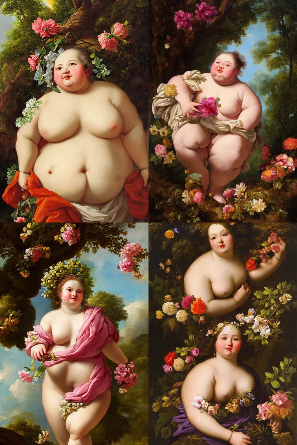 Prompt: baroque painting of a chubby goddess of nature, trees and flowers wearing silks and gemstones, sunshafts, ultradetailed, beautiful, magical, soft lighting 8k