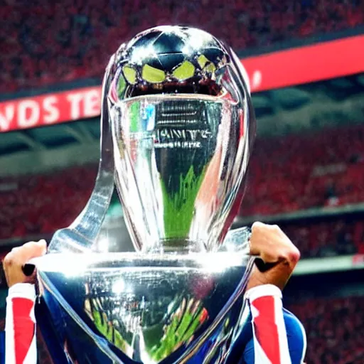 Image similar to harry kane lifting the uefa champions league as an arsenal player, photorealistic, sports photo, dramatic, sharp focus, extreme detail, night