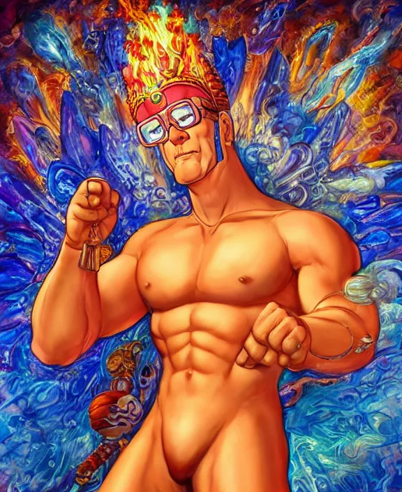 Image similar to hank hill as the god of propane, blue flames, magic realism, art by mike judge, art by josephine wall, art by huang guangjian, art by viktoria gavrilenko, art by amanda sage, trending on artstation