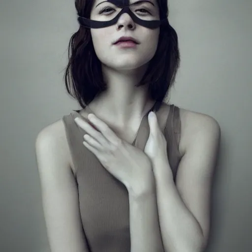 Image similar to a masterpiece portrait photo of a blindfold beautiful young woman who looks like elizabeth winstead, symmetrical face