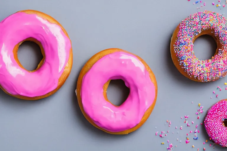 Prompt: stock photo two donuts with pink icing and colorful sprinkles on a white background, close up, studio lighting, detailed, photography, 82 mm sigma art