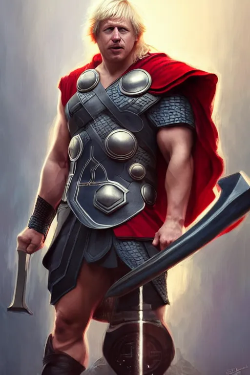 Image similar to Boris Johnson as Thor with Hammer, masculine bodybuilder figure, highly detailed, digital painting, artstation, concept art, smooth, sharp focus, illustration, cinematic lighting, art by artgerm and greg rutkowski and alphonse mucha