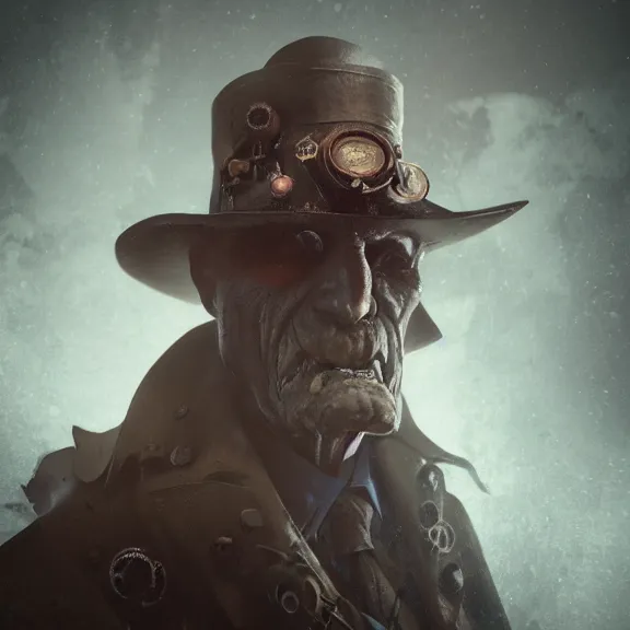 Image similar to a portrait of a steampunk elderly man as a demon on hell, dark, foggy, eerie, splash, sparkle, smoke, particles, octane render, unreal engine, artstation, digital art.