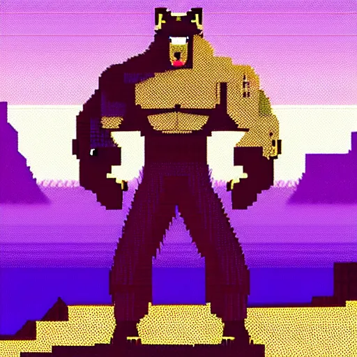 Image similar to full body portrait. 8 bit nes graphics. antropomorphic muscular masculine wolf. kickboxer fighter, in shorts. wolf head. furr on body. at night. postapocalyptic city on background, violet sky