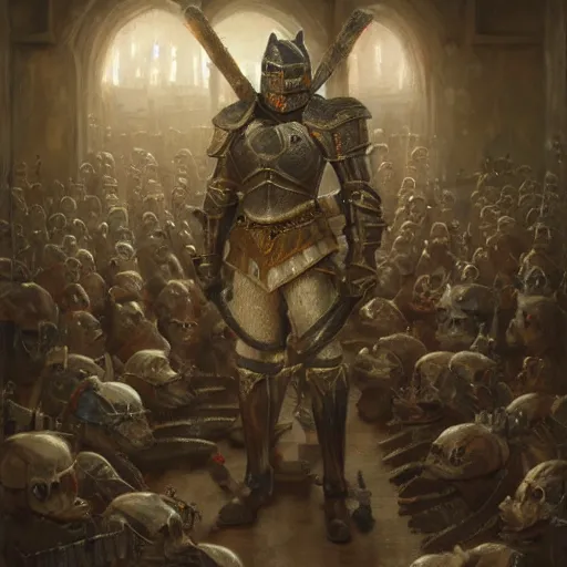 Image similar to knight bones armor, anthropomorphic shiba inu, in tavern, surrounded by knights, stuning 3 d render, masterpiece, glowing aura, by donato giancola and greg rutkowski and wayne barlow and zdzisław beksinski, realistic face