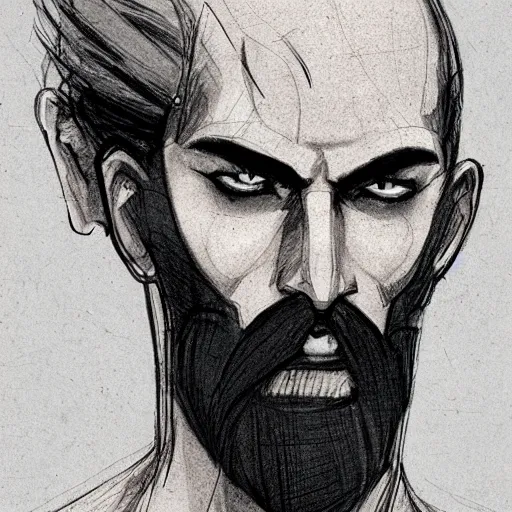 Prompt: very attractive man with beard, strong masculine features, slim, short hair, 35 years old, one android eye, sophisticated clothing with some steampunk elements, gesture dynamic, command presence, royalty, weathered face, smooth, sharp focus, organic, appealing, book cover, deep shadows, by Dave McKean sketch lineart for character design