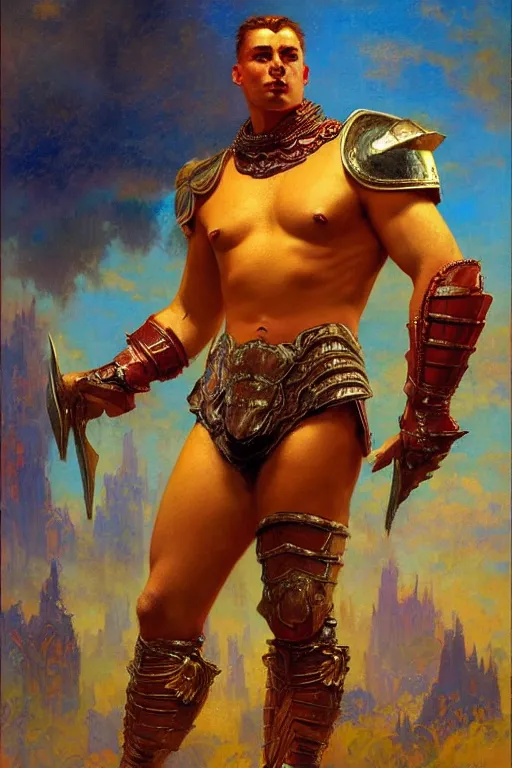 Image similar to attractive beefy male with armor, character design, colorful, afrofuturism, painting by gaston bussiere, craig mullins, j. c. leyendecker, tom of finland