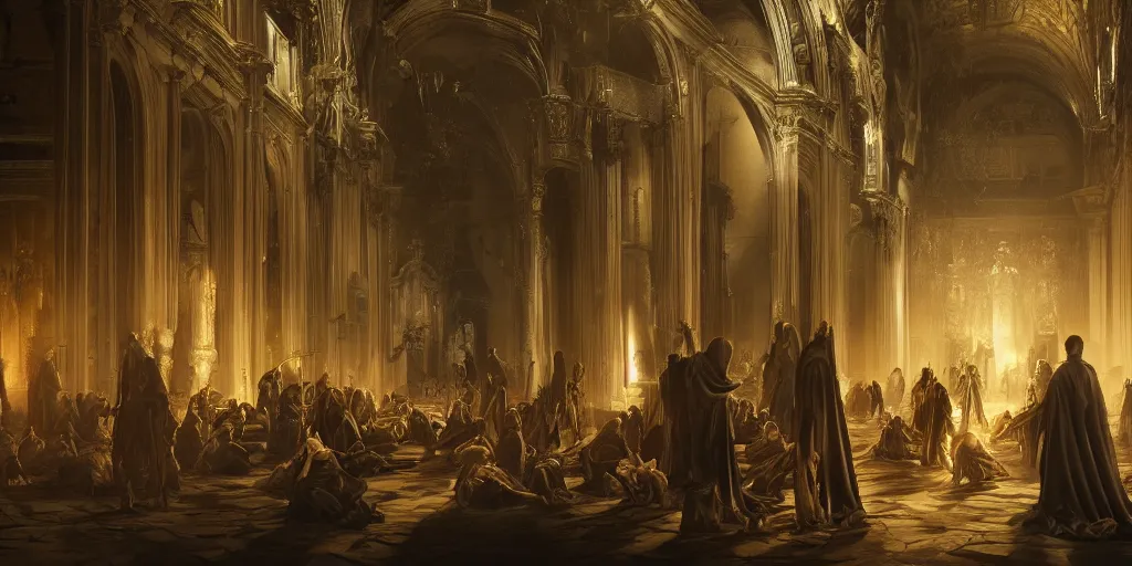 Prompt: beautiful oil matte painting, black plague infected people meeting the grim reaper inside a baroque cathedral, wonderful masterpiece highly detailed, beautiful cinematic light deep focus, elegant, digital painting, smooth, sharp focus, golden ratio, dramatic illumination, ultra realistic, 8 k, art by salvator rosa