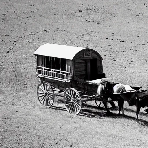 Image similar to a birdseye view sepia photograph of a delorean turned into a covered wagon, traveling in a line with covered wagons and cattle