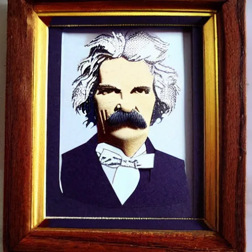 Prompt: colored paper portrait of mark twain