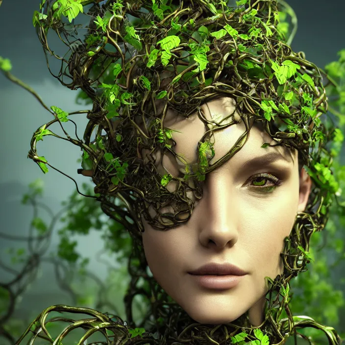 Prompt: female cyborg dryad portrait, entwined by vines and roots, octane render, cosmos background, surreal, light shining through, hyper - realistic, highly detailed, sharp focus, smooth, intricate