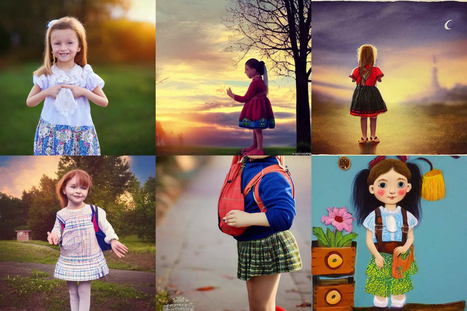 Prompt: little slavic girl starts her first day at school. high detail, nostalgic, sunset.