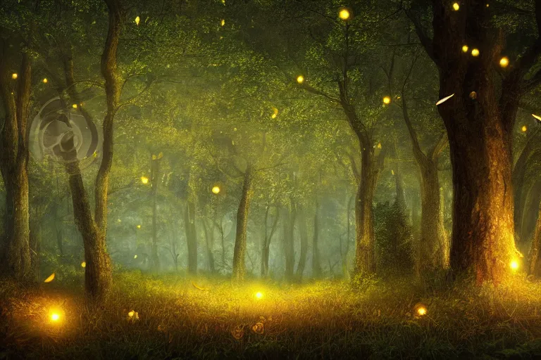 Image similar to masterpiece painting, fireflies vortex illuminating an old antic oak forest at night, peaceful scene, 8 k octane render, atmospheric effects, by jean hugo, artstation, deviantart