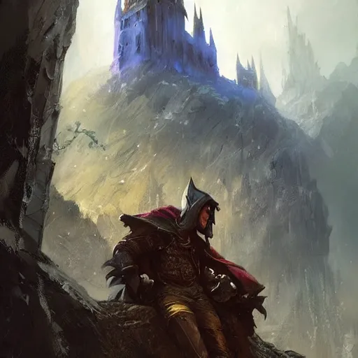 Prompt: portrait of a warlock, dungeons and dragons character, castle background, gorgeous view, realistic, high detail, digital art, painted by greg rutkowski, painted by jeremy mann, trending on artstation